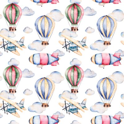 Behang Naadloos patroon met luchtballons, luchtschip, wolken en het vliegtuig in pastel colors.Watercolor lucht ballons prachtig ingericht op een witte achtergrond en andere aircrafts.Perfect voor behang