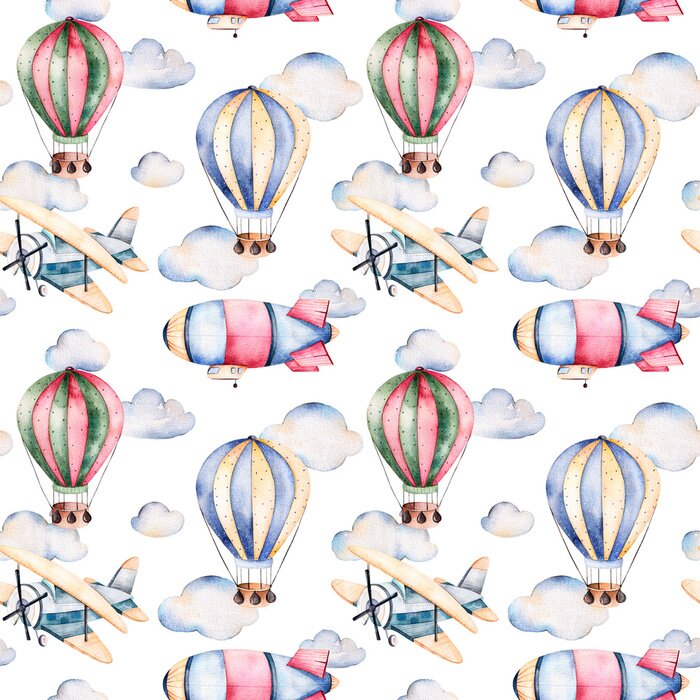 Behang Naadloos patroon met luchtballons, luchtschip, wolken en het vliegtuig in pastel colors.Watercolor lucht ballons prachtig ingericht op een witte achtergrond en andere aircrafts.Perfect voor behang