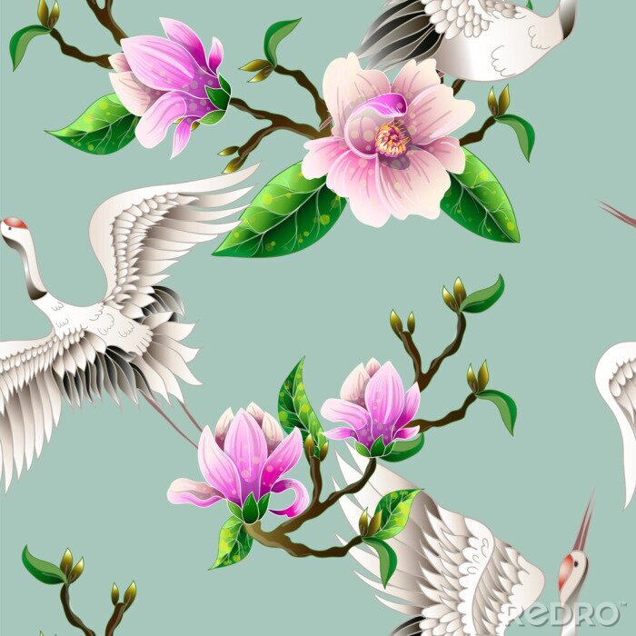 Behang Naadloos patroon met magnoliabloemen en Japanse witte kranen. Vector.