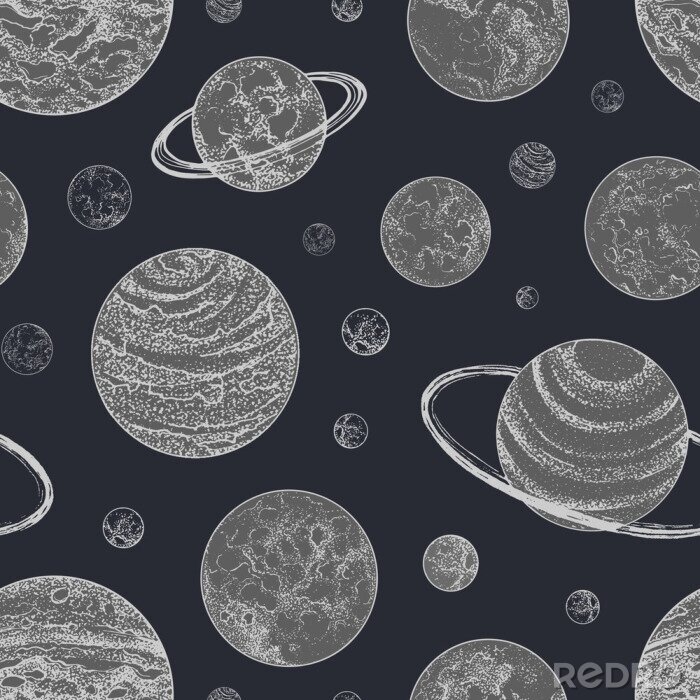 Behang Naadloos patroon met planeten en andere astronomische objecten in de ruimte. Achtergrond met planetaire lichamen hand getrokken in dot kunststijl. Zwart-wit vectorillustratie voor behang, stoffendruk.