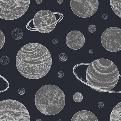 Behang Naadloos patroon met planeten en andere astronomische objecten in de ruimte. Achtergrond met planetaire lichamen hand getrokken in dot kunststijl. Zwart-wit vectorillustratie voor behang, stoffendruk.