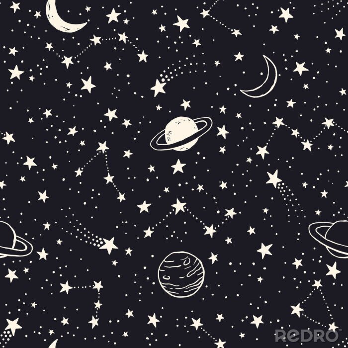 Behang Naadloos patroon met planeten, sterrenbeelden en sterren