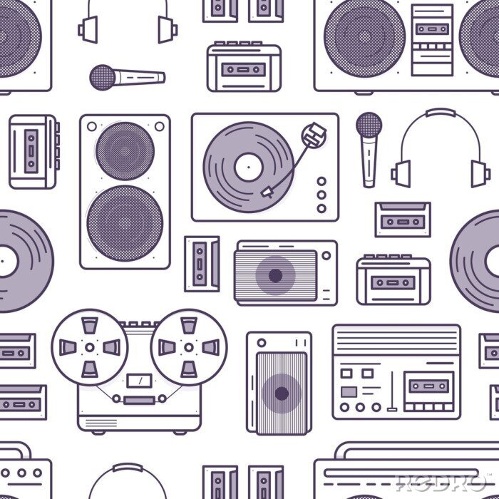 Behang Naadloos patroon met retro muziekapparaten die met contourlijnen worden getrokken op witte achtergrond - cassetterecorder, boombox, draaischijf, hoofdtelefoons, microfoon. Platte cartoon vectorillustr