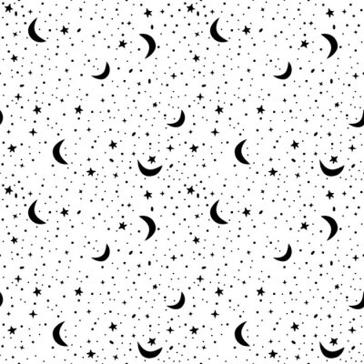 Behang Naadloos patroon met ruimte in wit en zwart kleuren. Vector achtergrond met sterren en toenemende manen