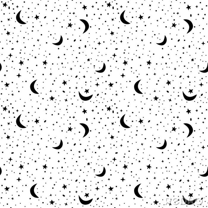Behang Naadloos patroon met ruimte in wit en zwart kleuren. Vector achtergrond met sterren en toenemende manen