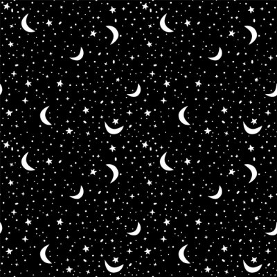 Naadloos patroon met ruimte in zwarte en witte kleuren. Vector achtergrond met sterren en toenemende manen