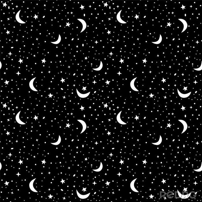Behang Naadloos patroon met ruimte in zwarte en witte kleuren. Vector achtergrond met sterren en toenemende manen