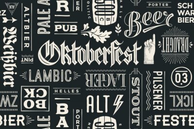 Behang Naadloos patroon met soorten bier en met de hand getekende letters voorzien voor Oktoberfest Beer Festival. Vintage tekening voor placemat, bar menu, t-shirt print en bier thema's. vector Illustration