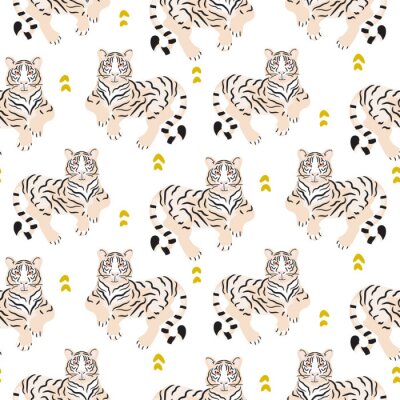 Behang Naadloos patroon met tijger op groene achtergrond.