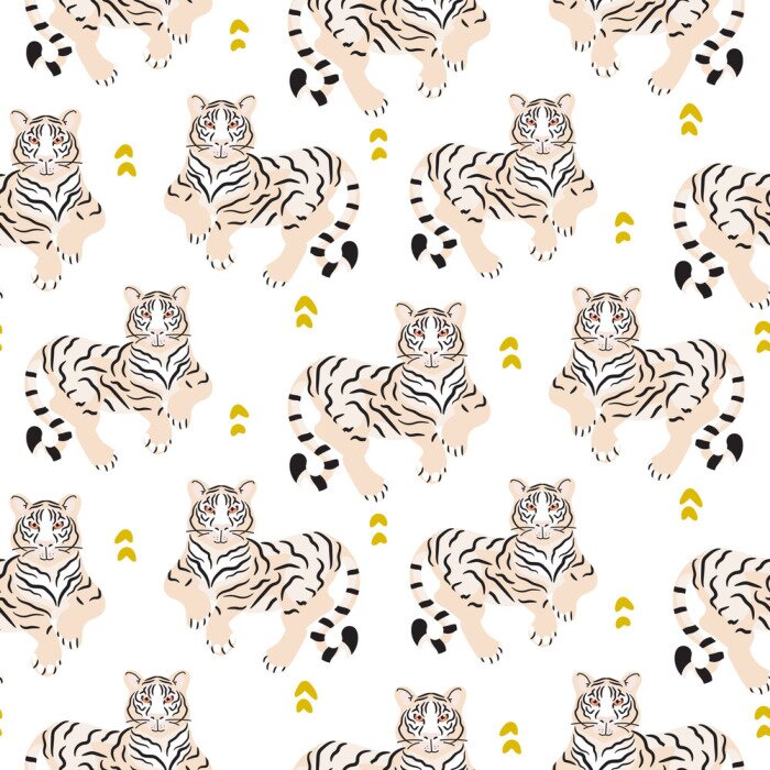 Behang Naadloos patroon met tijger op groene achtergrond.