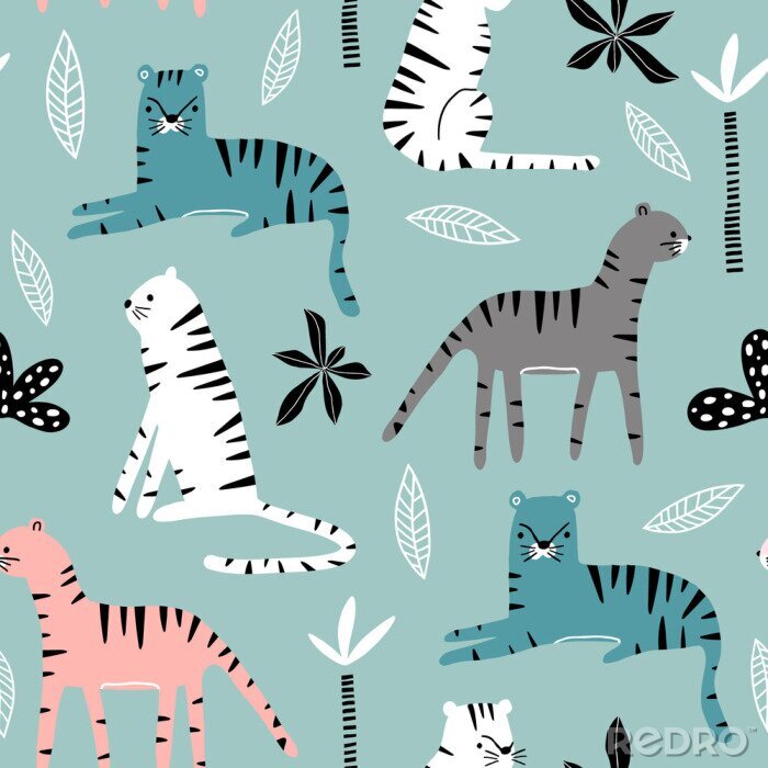 Behang Naadloos patroon met tijgers, palmtak en tropische achtergrond. Creatieve jungle kinderachtig textuur. Geweldig voor textiel, textiel vectorillustratie