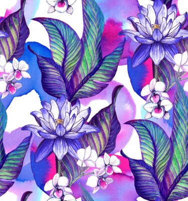 Behang Naadloos patroon met tropische bladeren. aquarel patroon met lotusbloem en aquarel vlekken, witte orchidee Phalaenopsis