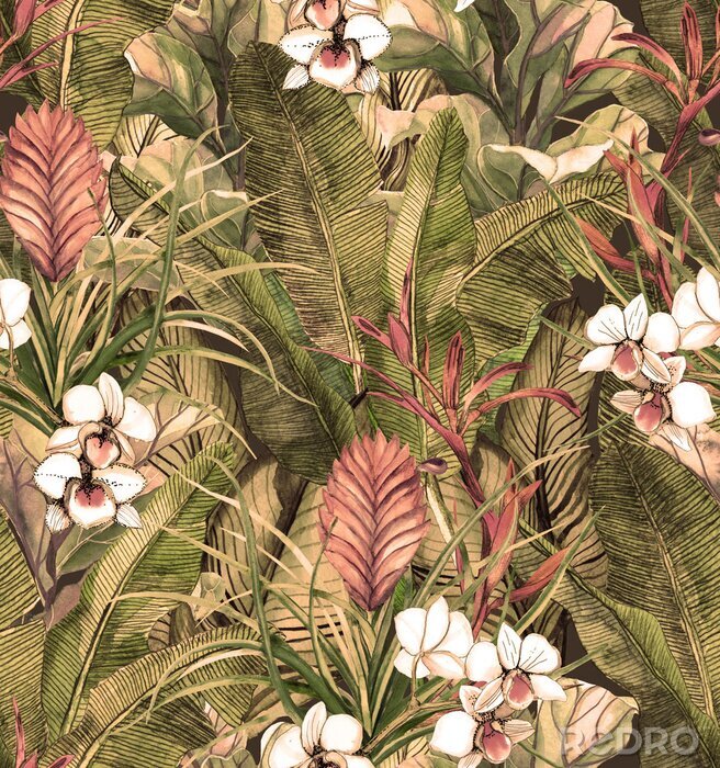 Behang Naadloos patroon met tropische bladeren en bloemen. aquarel patroon met witte orchidee phalinopsis. Botanische achtergrond