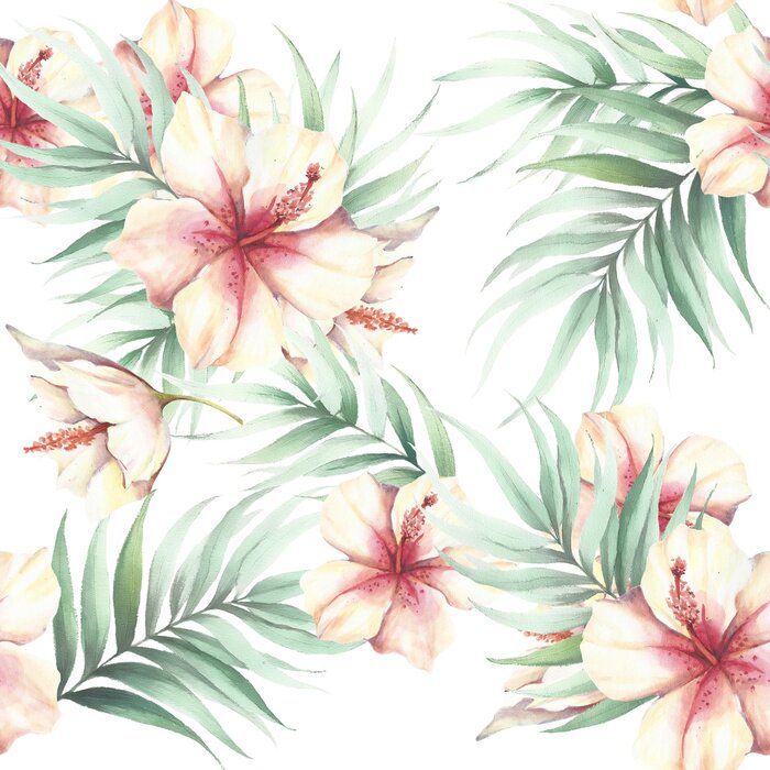 Behang Naadloos patroon met tropische bloemen en bladeren. Illustratie van de waterverf.