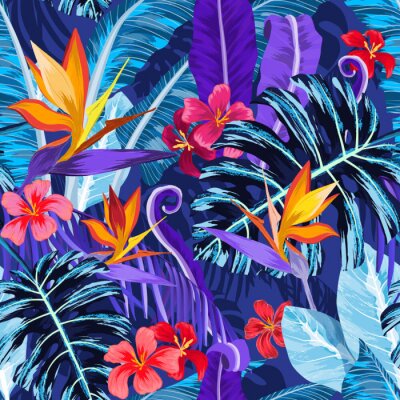 Behang Naadloos patroon met tropische bloemen en planten