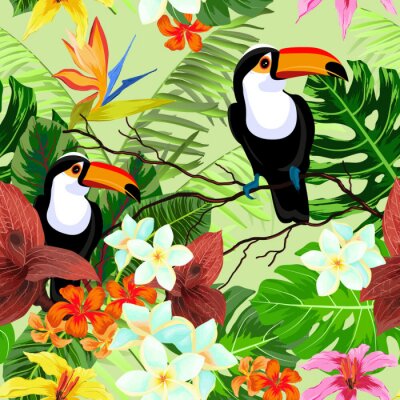 Naadloos patroon met tropische bloemen en vogels