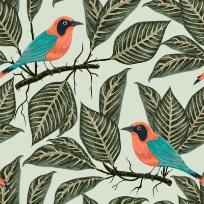 Behang Naadloos patroon met tropische vogels en planten. Exotische flora en fauna. Vintage handgetekende vectorillustratie in aquarelstijl