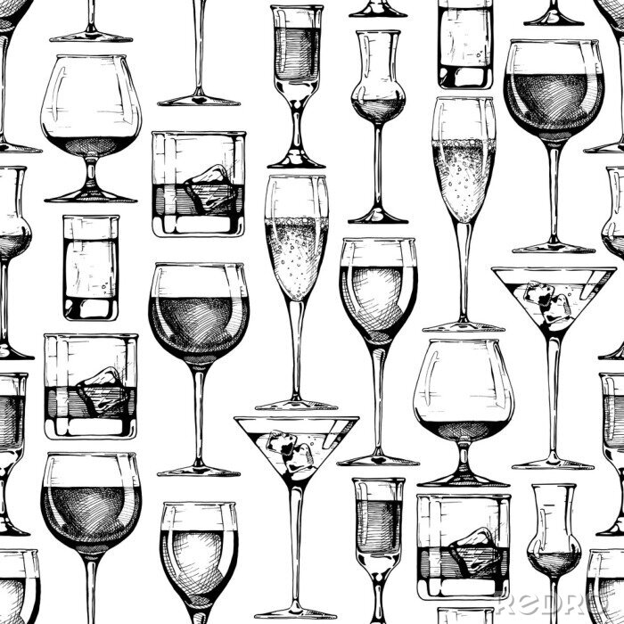 Behang Naadloos patroon met verschillende glazen drinkbekers