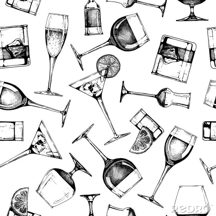 Behang Naadloos patroon met verschillende glazen drinkbekers