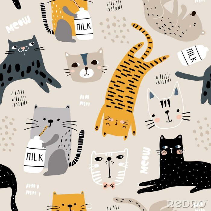Behang Naadloos patroon met verschillende grappige katten en melkfles. Creatieve kinderachtige textuur. Geweldig voor stof, textiel Vector Illustratie
