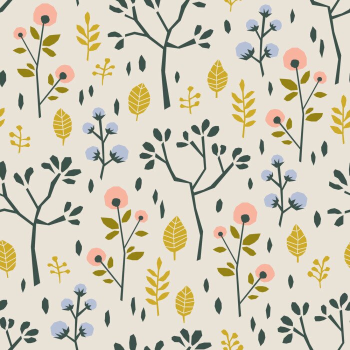 Behang Naadloos patroon met verschillende planten en bladeren