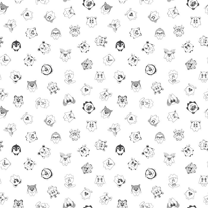 Behang Naadloos patroon met verschillende schattige dieren. Kinderpatroon voor decoratie. Illustratie van een schetsstijl.