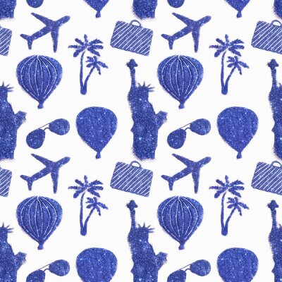 Behang Naadloos patroon met verschillende symbolen van de reis van de blauwe glitter. Statue of Liberty, luchtballonnen, vliegtuigen