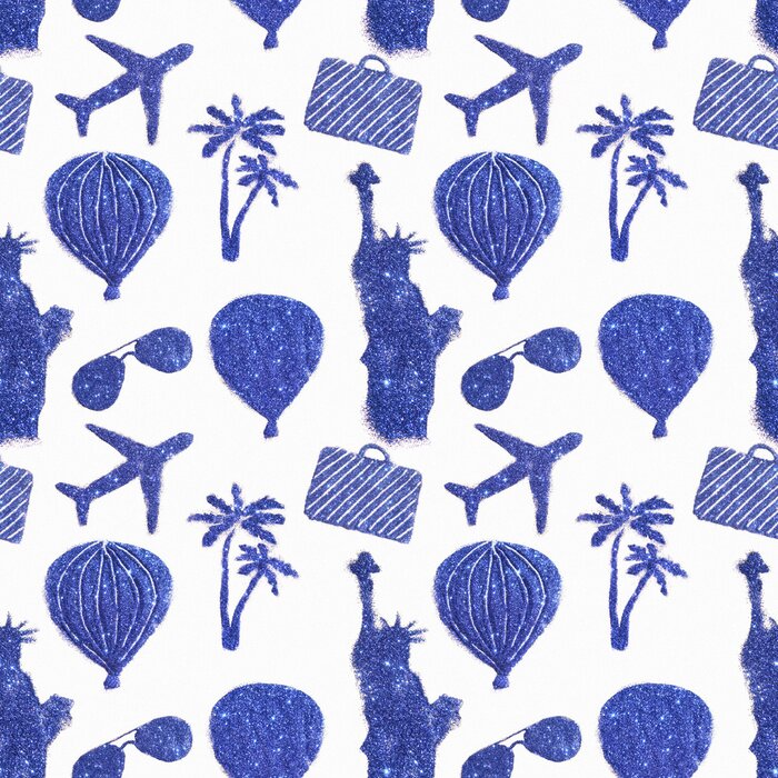 Behang Naadloos patroon met verschillende symbolen van de reis van de blauwe glitter. Statue of Liberty, luchtballonnen, vliegtuigen