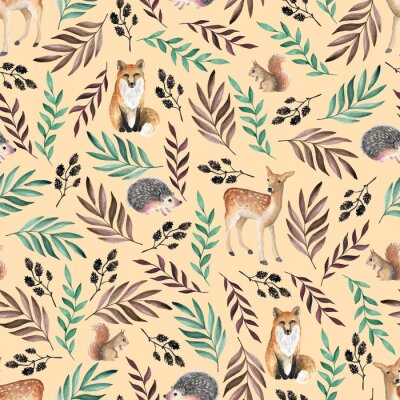 Behang Naadloos patroon met vossen, herten, egels. Aquarel hand getrokken