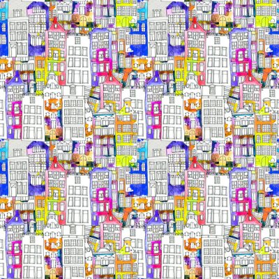 Behang Naadloos patroon met waterverf Amsterdamse huizen