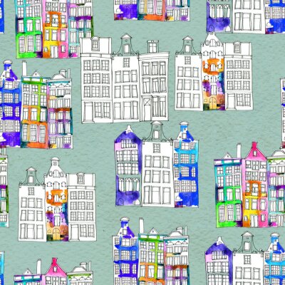 Behang Naadloos patroon met waterverf Amsterdamse huizen