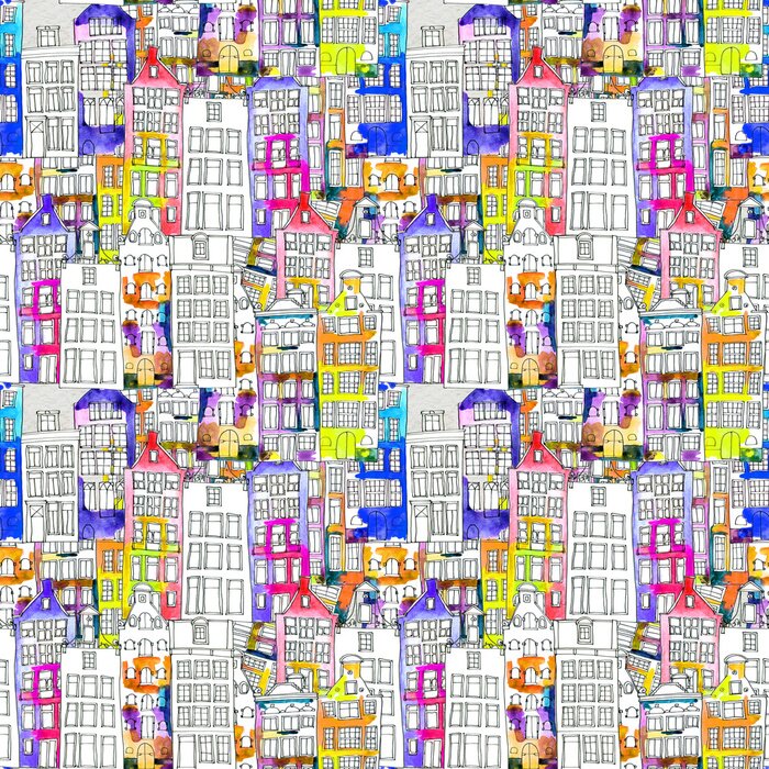 Behang Naadloos patroon met waterverf Amsterdamse huizen