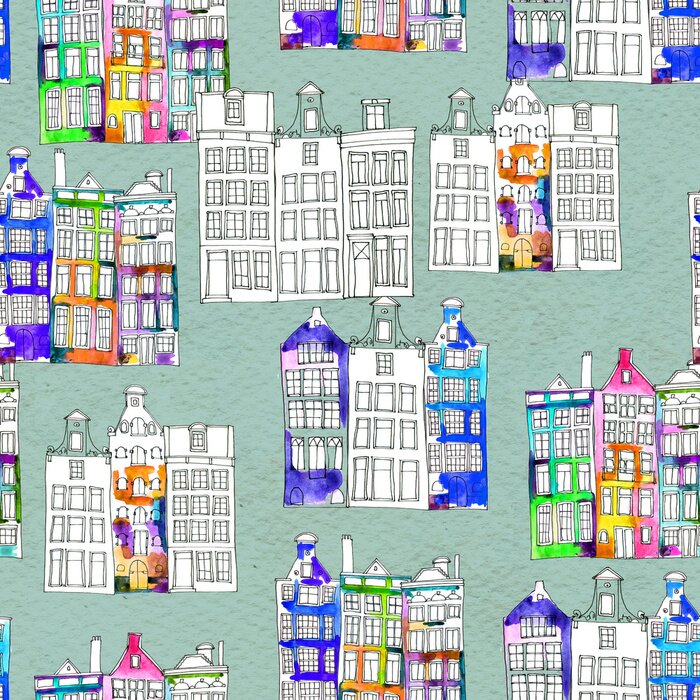 Behang Naadloos patroon met waterverf Amsterdamse huizen