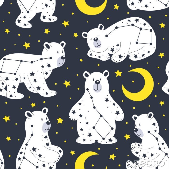 Behang naadloos patroon met witte beer en constellatie Ursa Major - vectorillustratie, eps