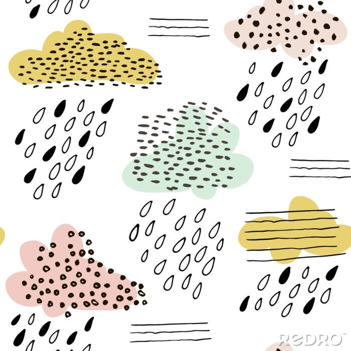 Behang Naadloos patroon met wolken en met de hand getekende vormen. Creatieve vector kinderachtige achtergrond voor stof, textiel