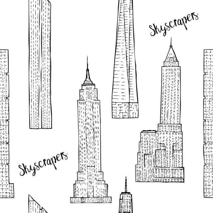 Behang Naadloos patroon met wolkenkrabbers. Hand getekende cityscape schetsen