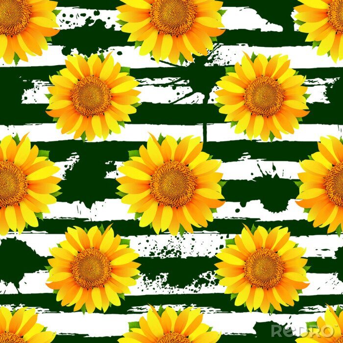 Behang Naadloos patroon met zonnebloemen op abstracte groene strepen en vlekken achtergrondvector