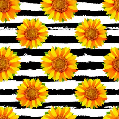 Behang Naadloos patroon met zonnebloemen op zwart-witte strepenvector als achtergrond