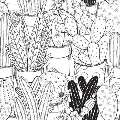 Behang naadloos patroon. Set van cactussen. Zwart en wit vectorillustratie.