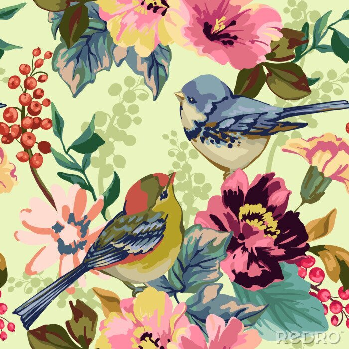 Behang Naadloos patroon van Bloemen elementen en vogels