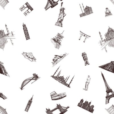 Behang Naadloos patroon van de hand getrokken beroemde oriëntatiepunten en bezienswaardigheden van de schetsstijl die op witte achtergrond worden geïsoleerd. Vector illustratie