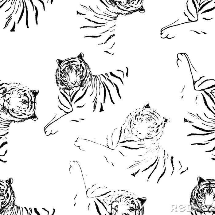 Behang Naadloos patroon van de hand getrokken tijgers van de schetsstijl. Vectorillustratie geïsoleerd op witte achtergrond