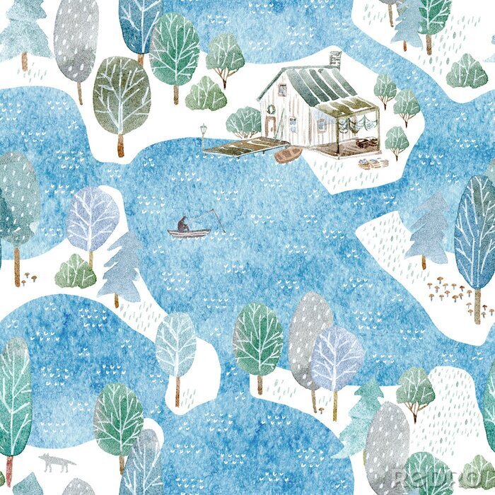 Behang Naadloos patroon van een visser's huis, eiland en tuin. Landschap van een bos, meer, brug en meer. Watercolor hand getekende illustratie. Blauwe achtergrond.