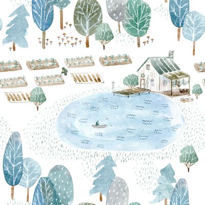 Naadloos patroon van een visser's huis en tuin. Landschap van een bos, meer en meer. Watercolor hand getekende illustratie. White background.