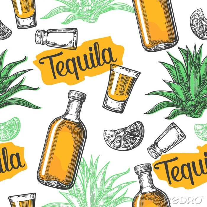 Behang Naadloos patroon van glas en botlle, glas, zout, cactus en limoen op een witte achtergrond. Vintage vector graveren illustratie voor het label, poster, web, uitnodiging voor een tequila partij.