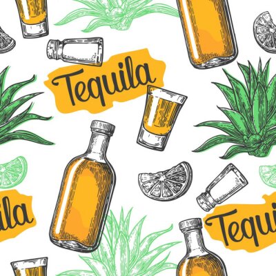 Behang Naadloos patroon van glas en botlle, glas, zout, cactus en limoen op een witte achtergrond. Vintage vector graveren illustratie voor het label, poster, web, uitnodiging voor een tequila partij.