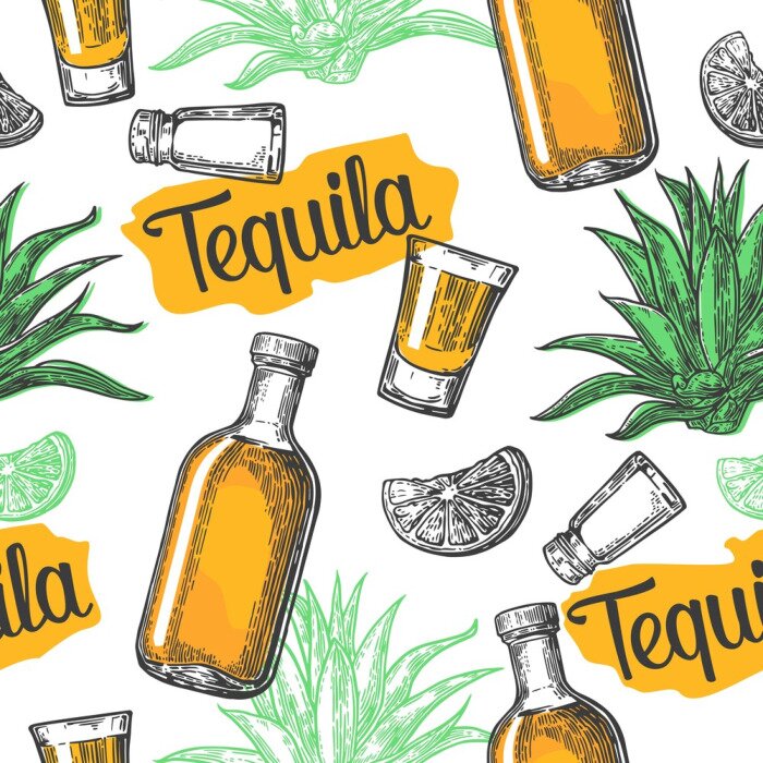 Behang Naadloos patroon van glas en botlle, glas, zout, cactus en limoen op een witte achtergrond. Vintage vector graveren illustratie voor het label, poster, web, uitnodiging voor een tequila partij.