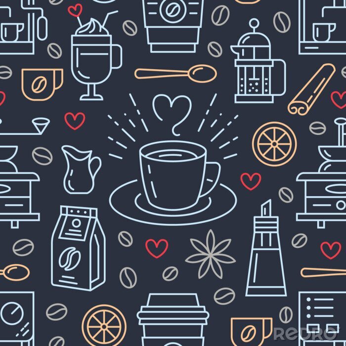Behang Naadloos patroon van koffie, vectorachtergrond. Leuke dranken, pictogrammen van de hete dranken de vlakke lijn - koffiezetapparaat machine, bonen, kop, molen. Herhaalde textuur voor café-menu, winkel 