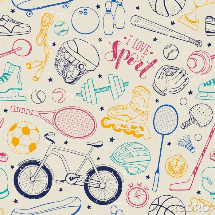 Behang Naadloos patroon van sportuitrusting in krabbelstijl. Vector illustratie. Hand getrokken sporttoebehoren op uitstekende achtergrond.