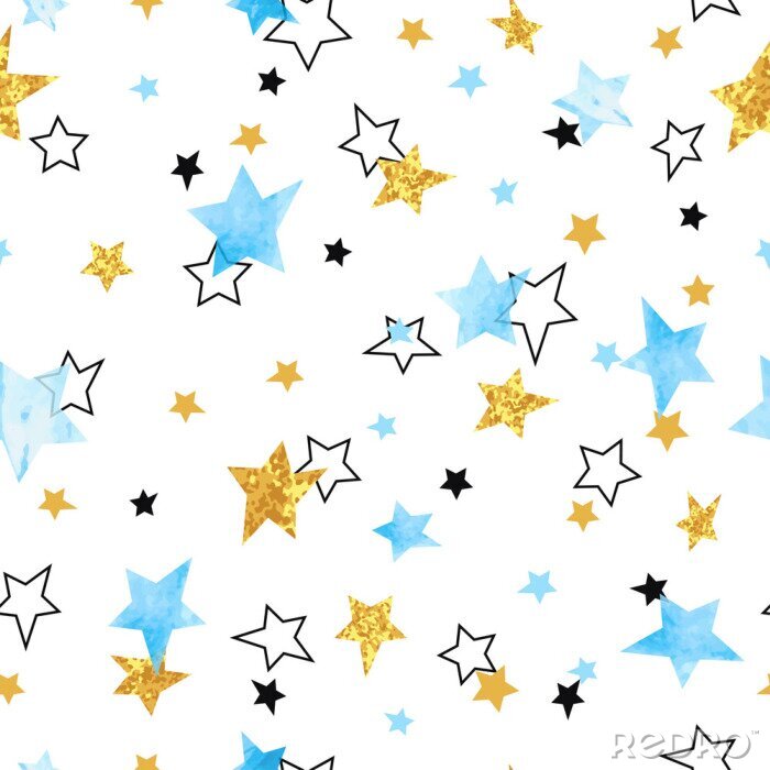 Behang Naadloos patroon van sterren. Vector achtergrond met waterverf blauwe en glinsterende gouden sterren.
